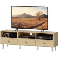 HOMCOM TV-Möbel TV-Bank für Fernseher bis zu 75" mit 3 Schubladen, 3 offenen Regalen und Kabeldurchführung, für Wohnzimmer Schlafzimmer, 140 x 34 x 45 cm, Naturholz   Aosom