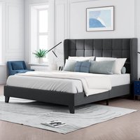 Bettgestell 140x200 Doppelbett mit gepolstertem Kopfteil Graues Bett mit Lattenrost Bezug Leinenoptik Ohne Matratze, Einfach zu montieren   Aosom.de