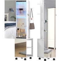 HOMCOM Schmuckschrank mit LED-Lichtern, Schmuckschrank mit 360°-Drehung, Stehender Schmuckschrank mit Ganzkörperspiegel, Schloss und Schlüssel, Fächer, Oberfläche Weiß und Futter Beige   Aosom
