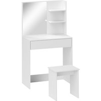 HOMCOM Schminktisch mit 3 Regalen und Schubladen mit Spiegel und passendem Hocker, Schminktisch aus Spanplatte, 75x40x137 cm, Weiß   Aosom