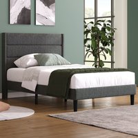 Bettgestell 90x200 Modernes Einzelbett mit Unterlager Dunkelgrau 90x200 cm, ohne Matratze, Modernes Design, Leinenoptik Bezug   Aosom.de