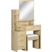 HOMCOM Schminktisch-Set mit Make-up-Tisch, gepolstertem Hocker, großem Spiegel, mehreren offenen Regalen + 4 Schubladen in Naturholz   Aosom
