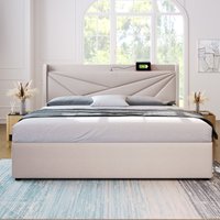 Doppelbett mit Stauraum USB-C Ladefunktion 160x200 Leinenbettkasten beige Ausziehbares Bettgestell   Aosom.de