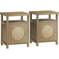 HOMCOM Set aus 2 schmalen Nachttischen, Beistelltisch mit offenem Fach und 1 Schrank, Rattan-Finish, Bohème-Stil, für Schlafzimmer, Wohnzimmer, 40 x 35 x 55 cm, braune Holzoptik   Aosom