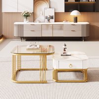 Stapelbarer Couchtisch mit Marmoroptik, Teebraun Glasplatte und goldenen Akzenten, zweiteiliges Set mit Schubladen, Weiß
