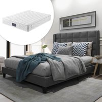 Doppelbett, Federkernmatratze mit gepolstertem Kopfteil und Lattenrost 140x200 cm Leinenoptik Grau modern tot 200 kg   Aosom.de