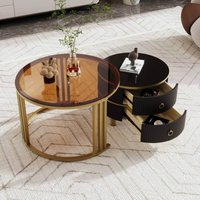 Couchtisch Set, 2-in-1 Runder mit Hochglanz und Glasplatte, 2 Schubladen, Leicht zu reinigen, Platzsparend und flexibel, bis 80 kg, Gold+Schwarz
