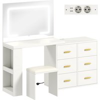 HOMCOM Coiffeuse mit Spiegel und Hocker, einstellbare LED-Beleuchtung mit 3 Farben, 2 USB-Anschlüsse und 2 Steckdosen, Schminktisch mit 6 sanft schließenden Schubladen, 2 offene Regale, gepolsterter Sitz, weiß   Aosom