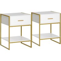 HOMCOM Nachttisch, 2er Set, Nachtschrank mit Schublade und offenem Regal, Nachtkommode, Beistelltisch aus Stahlrahmen für Schlafzimmer, Wohnzimmer, Weiß+Gold, 45 x 40 x 60 cm   Aosom