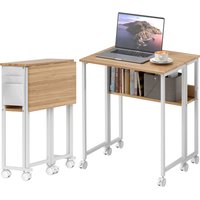 HOMCOM Schreibtisch Klappbar Kleiner 63 cm Klappschreibtisch mit Rollen Platzsparend Computertisch mit Regal, Aufbewahrungstasche, für Home Office, Natur   Aosom