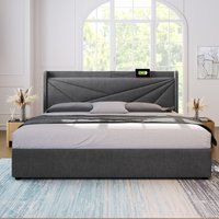 Bett 140x200 mit Bettkasten - Doppelbett mit Stauraum und USB-Typ-C-Ladefunktion - Robuste Leinenstruktur ohne Matratze   Aosom.de