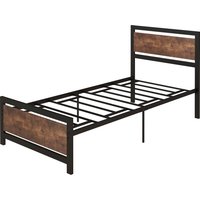 HOMCOM Bettgestell aus Stahl Einzelbett 97 x 195 x 103 cm im industriellen Design - Kopfteil, Fußteil und Lattenrost - kompatible Matratzengröße 90 x 190 cm - Holzoptik mit Maserung   Aosom