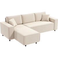 HOMCOM Ecksofa 3-Sitzer Sofa in L-Form Eckcouch mit Umkehrbarer Chaiselongue 2 Kissen Federpolster, Polsterecke aus Cordstoff Wohnlandschaft für Wohnzimmer Schlafzimmer 241x153x83 cm Cremeweiß   Aosom