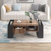 Couchtisch, mit Holzmaserung, grifflose Schublade und doppelseitigem Stauraum, Klassische Farbkombination, 106,4 x 60 x 40 cm, Schwarz + Braun