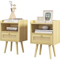 HOMCOM Set mit 2 Nachttischen Nachttisch mit Rattan-Effekt und offenem Fach, Nachttisch für Schlafzimmer, Wohnzimmer, 40 x 30 x 60 cm, Naturholzoptik   Aosom