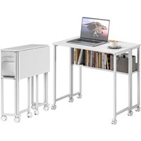 HOMCOM Klappbarer Platzsparender Schreibtisch mit Klappe, Kleiner Schreibtisch mit Bremsenrollen, Regal und Gegenstandstasche, Klappbarer Computertisch für Zuhause, Studium und Büro, 80x50x75 cm, Weiß   Aosom
