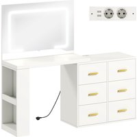 HOMCOM Schminktisch mit LED-Lichtern, 3 Farben, einstellbare Helligkeit, Schminktisch mit Steckdosen, 6 Soft-Close-Schubladen, Spiegel, offene Regale, für Schlafzimmer, Weiß   Aosom