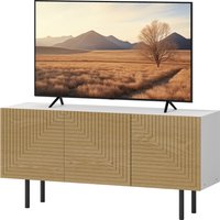 HOMCOM TV-Möbel, TV-Holzbank für Fernseher bis zu 65 Zoll mit gerillten Schranktüren und Kabeldurchführung für Wohnzimmer, Schlafzimmer, Naturholz-Effekt   Aosom