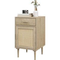 HOMCOM Nachttisch Beistelltisch mit Schrank und geflochtener Rattantür + 1 Schublade Bohème Design - 40 x 40 x 68,5 cm Natur   Aosom
