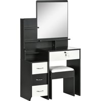 HOMCOM Schminktischset mit Schminktisch und gepolstertem Hocker großem Spiegel + mehreren offenen Regalen + 4 Schubladen Schwarz Weiß   Aosom