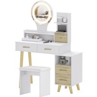 HOMCOM Schminktisch mit Spiegel und Hocker, Schminktisch, einstellbare Helligkeit, 5 Schubladen, 4 offene Fächer, 1 Regal, 1,5 m USB-Kabel, Weiß   Aosom