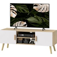 HOMCOM TV-Möbel Fernsehschrank Holz TV-Bank bis 50 Zoll mit Regalen, 2 Schränke und Kabeldurchlässen für Wohnzimmer, Schlafzimmer, 110 x 36,2 x 42 cm, Eiche   Aosom