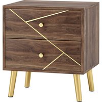 HOMCOM Nachttisch, Beistelltisch, mit 2 Schubladen, goldene Griffe, Stahlbeine, für Schlafzimmer, Wohnzimmer, 45 x 35 x 50 cm, braune Holzmaserung   Aosom