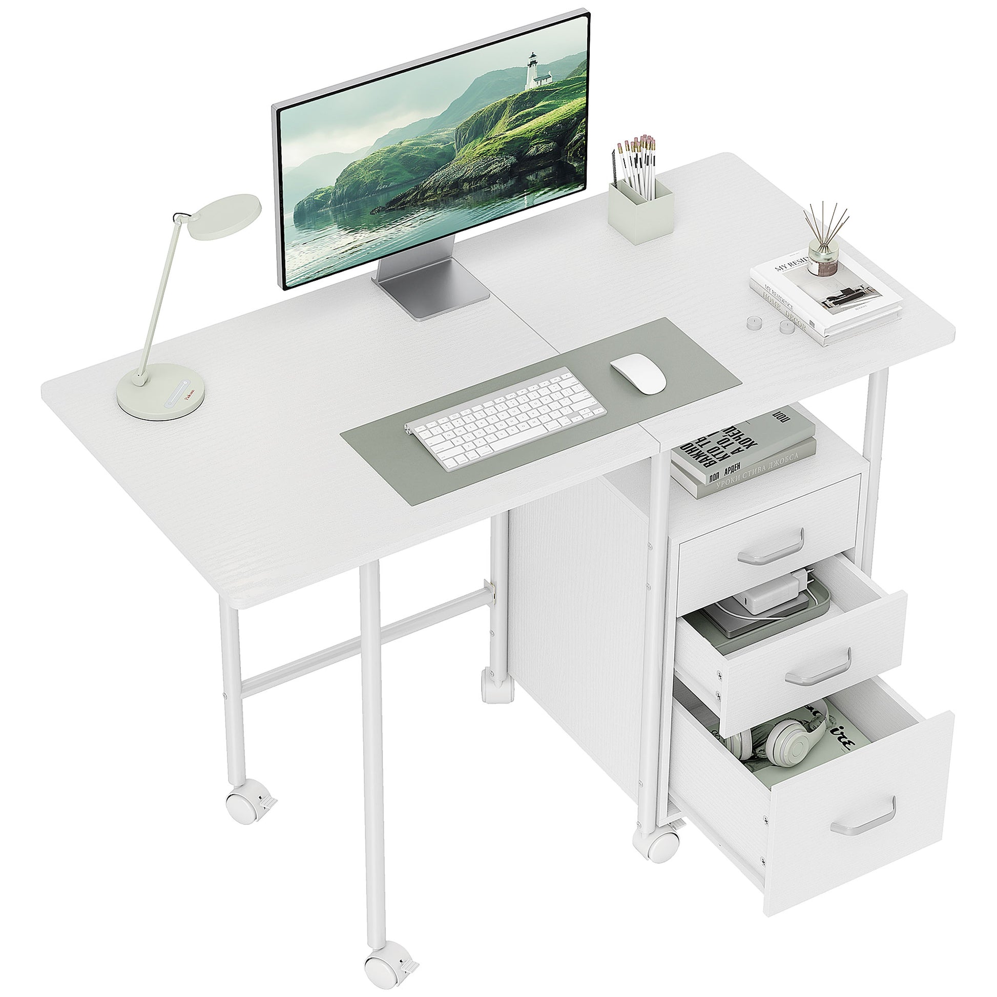 HOMCOM Klappbarer Computertisch mit Rollen, Schreibtisch mit Stauraum, 3 Schubladen, erweiterbare Plattform, Stahlrahmen, 105x51x75,5 cm, für Homeoffice, Schlafzimmer, Studienraum, modernes Weiß   Aosom