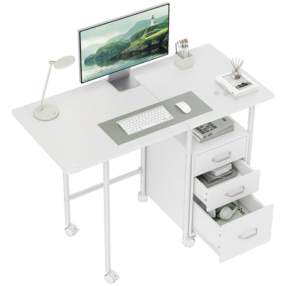 HOMCOM Klappbarer Computertisch mit Rollen, Schreibtisch mit Stauraum, 3 Schubladen, erweiterbare Plattform, Stahlrahmen, 105x51x75,5 cm, für Homeoffice, Schlafzimmer, Studienraum, modernes Weiß   Aosom