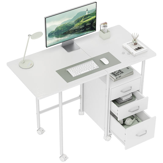 HOMCOM Klappbarer Computertisch mit Rollen, Schreibtisch mit Stauraum, 3 Schubladen, erweiterbare Plattform, Stahlrahmen, 105x51x75,5 cm, für Homeoffice, Schlafzimmer, Studienraum, modernes Weiß   Aosom