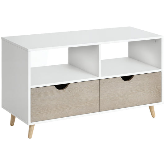HOMCOM TV Schrank Fernsehschrank TV-Kommode mit Schubladen und Offene Regale Holz Weiß+Natur 99 x 39 x 58 cm   Aosom