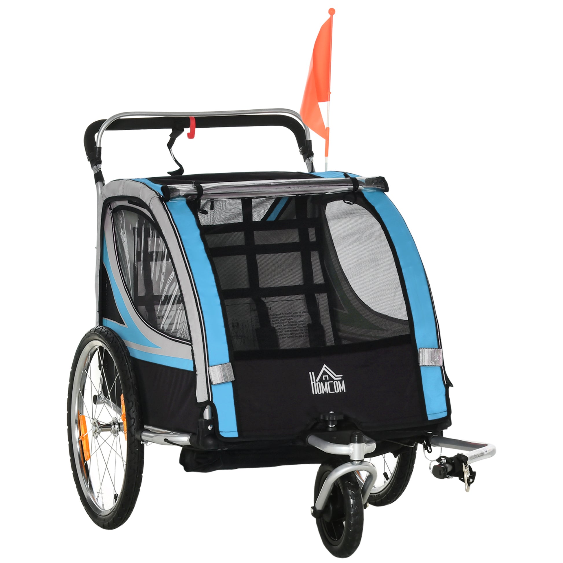 HOMCOM Fahrradanhänger 2 in 1  Kinderwagen Buggy, 360° Drehbar, Stahl Oxford, Blau+Schwarz  Aosom