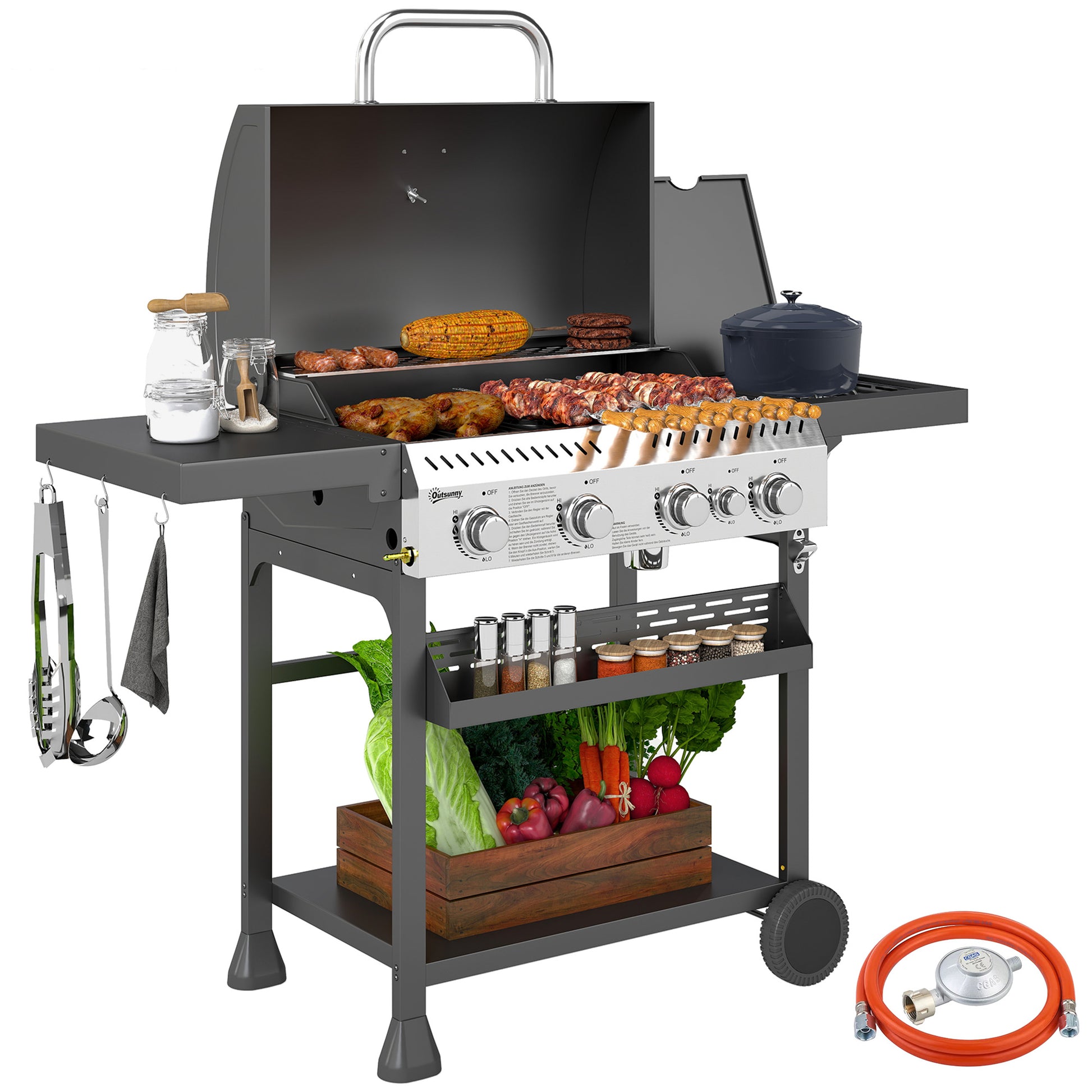 Outsunny Gasgrill 12 KW 4+1 Brenner BBQ Grillwagen aus Edelstahl inkl Seitenbrenner Thermometer Grillrost Kochfeld Flaschenöffner Seitenablagen Gas-Grill für Balkon Camping 135 x 55 x 103cm   Aosom
