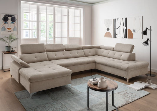 Wohnlandschaft Bardella mit Schlaffunktion und Bettkasten - beige-taupe - Benformato