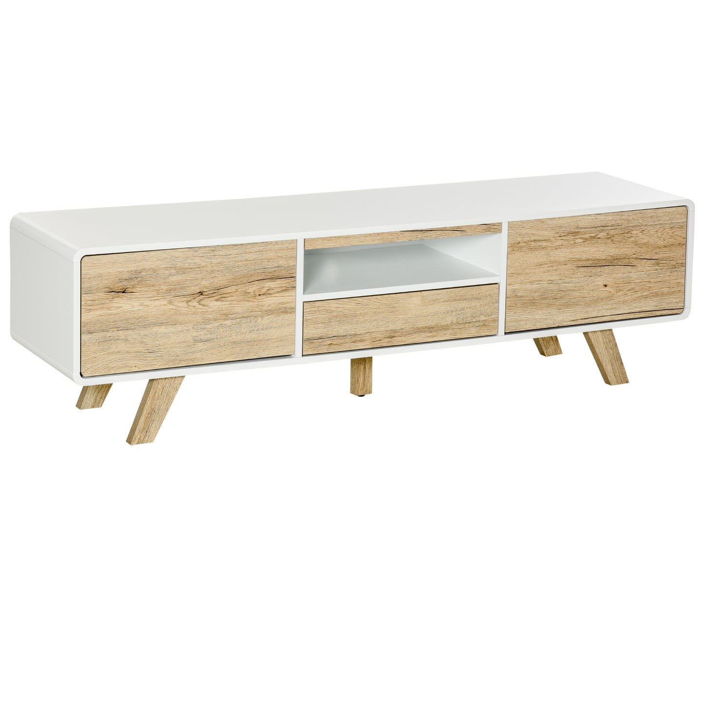 HOMCOM TV Schrank Lowboard Kommode für Fernseher bis 60 Zoll mit Push-In Schublade, MDF Weiß Natur 160x40x45 cm für Wohnzimmer   Aosom.de
