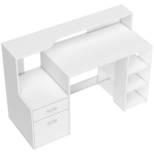 HOMCOM Computertisch mit 2 Schubladen, Schreibtisch mit Aufbewahrung, 137 x 55 x 92 cm, offene Regale und Druckerablage, moderner Stil, Computertisch für Schlafzimmer, Studio, Zuhause, Weiß   Aosom