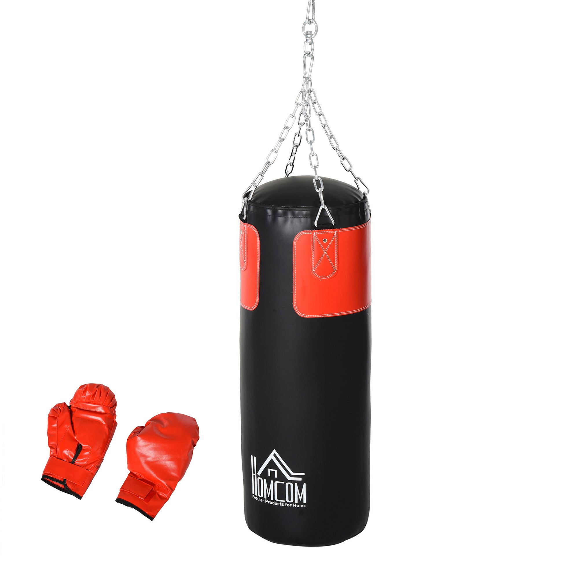 HOMCOM Boxsack-Set mit Handschuhen, gefüllt, für Erwachsene & Jugendliche, schwarz-rot, Ø30x120cm, 16kg, ideal für Training & Fitness   Aosom.de