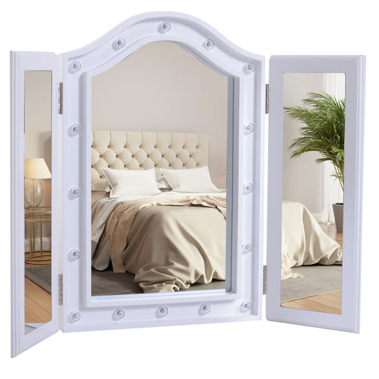 HOMCOM Kosmetikspiegel Schminkspiegel mit LED-Beleuchtung 180° ausklappbar freistehend Batteriebetrieben 3 Spiegel Weiß 73 x 53,5 x 4,5 cm   Aosom.de