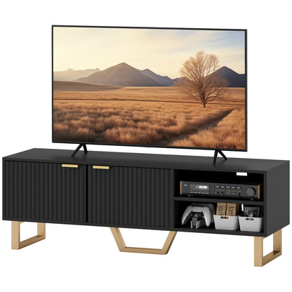 HOMCOM TV-Schrank Fernsehtisch Holz-TV-Ständer für Fernseher bis zu 70 Zoll mit 2 gerillten Türen, offenem Fach und Kabeldurchführung, für Wohnzimmer Schlafzimmer, 140 x 39 x 47 cm, Schwarz   Aosom