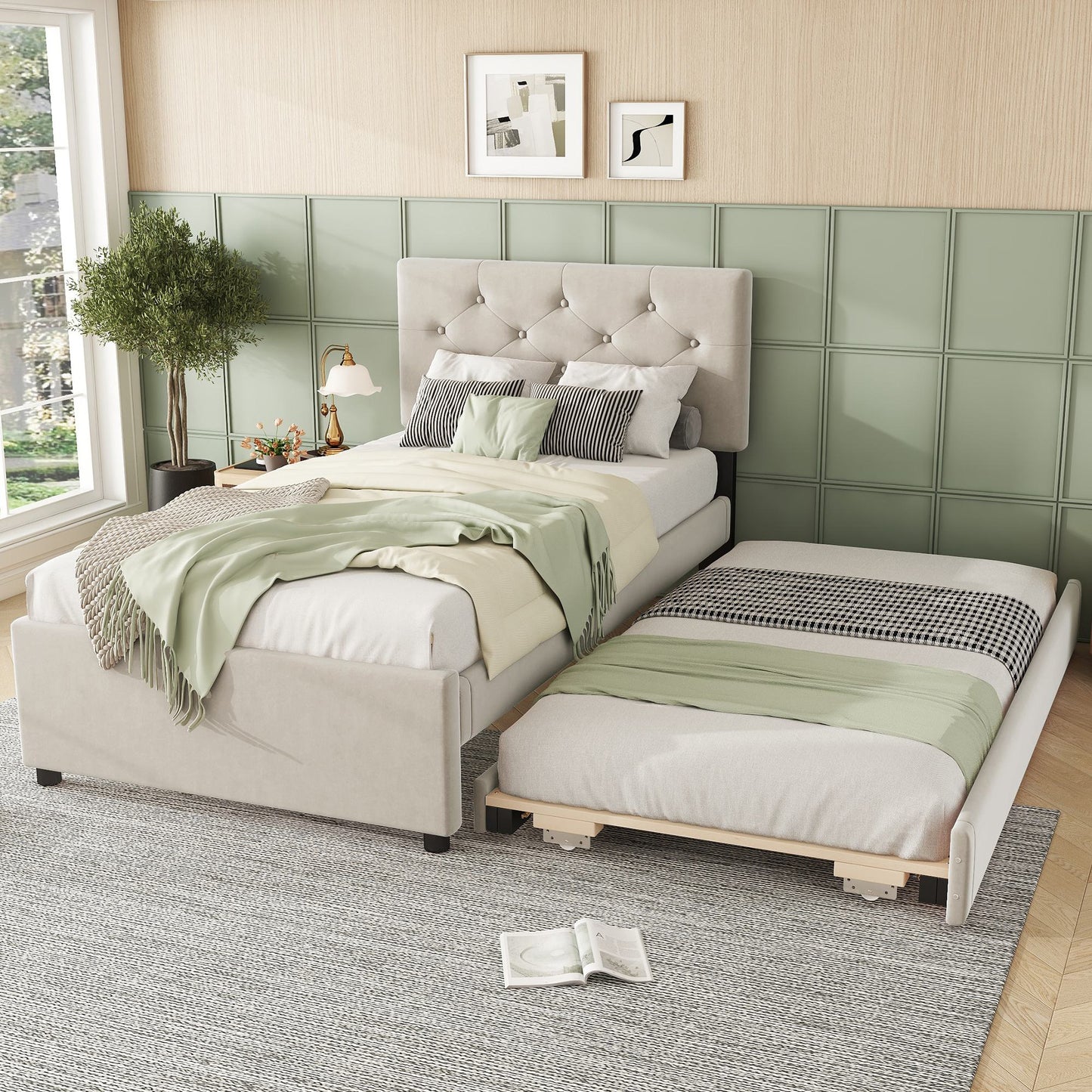 Einzelbett, Polsterbett 90x200, Rollbett Multifunktionales, mit Lattenrost und Rollcontainer, Einfache Montage, Platzsparendes Design, Beige  Aosom.de