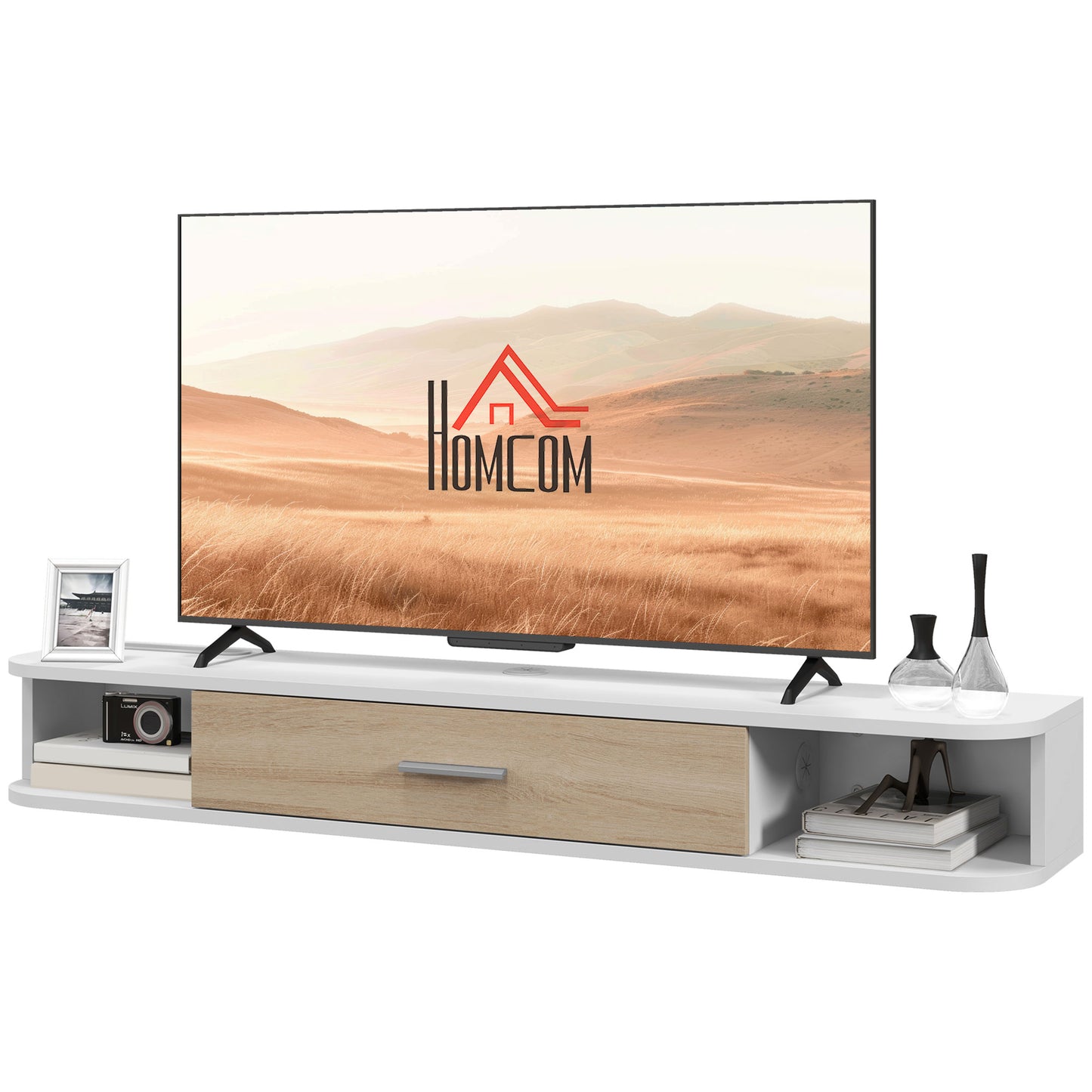 HOMCOM Wand-TV-Möbel TV-Bank TV-Möbel für TVs bis zu 50 Zoll mit 2 offenen Fächern und einem klappbaren Schrank 120L x 26B x 16H cm Weiß   Aosom