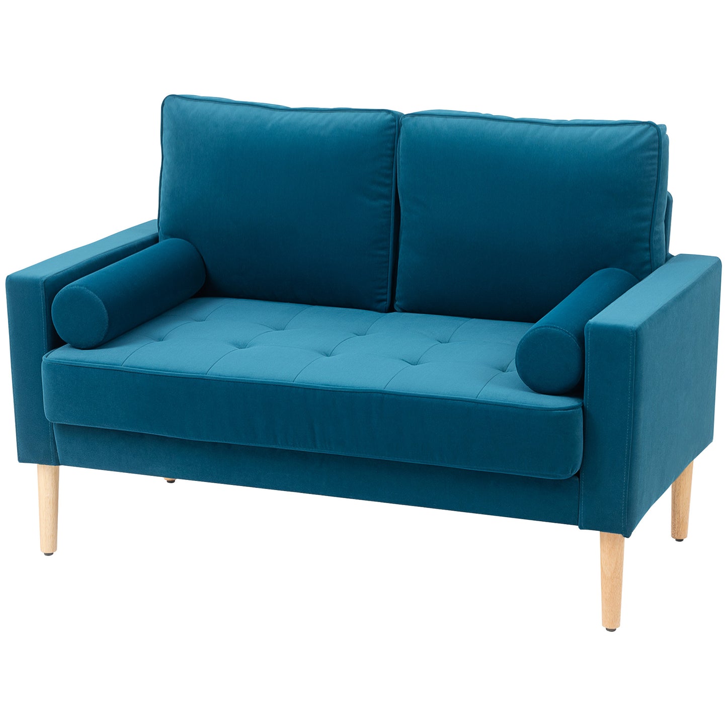 HOMCOM Zweisitzer-Sofa modernes Samtsofa 127 cm, dicke Federkissen, Kautschukholzbeine, 2 Kissen und geknöpfte Sitzfläche, Zweisitzer für Wohnzimmer, Schlafzimmer, kleine Räume, blau   Aosom
