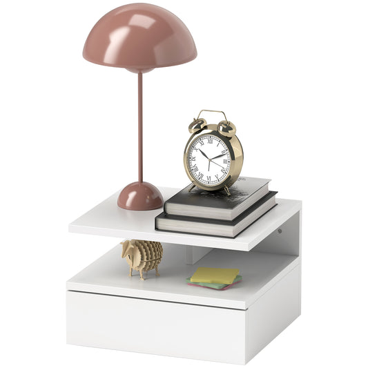 HOMCOM Wand-Aufgehängter Nachttisch für Schlafzimmer, Moderner Nachttisch mit Schublade und Holzoberseite, 35x32x22,5cm, Weiß   Aosom
